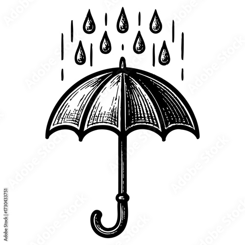 A black and white drawing of an umbrella with raindrops falling on it. Scene is one of rain and shelter. Vector. Silhouette illustration.