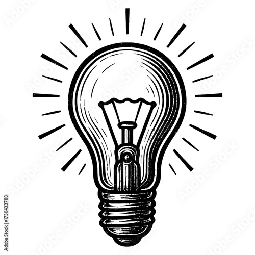 A light bulb is lit up and shining brightly. The light bulb is the main focus of the image. Vector. Silhouette illustration.