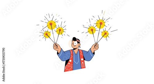 Festive celebration illustration of a person with sparklers conveying joy and cultural spirit perfect for event promotions