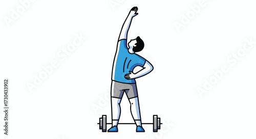 Cartoon illustration showing a man doing stretching exercises with a barbell on the ground for warm up routine