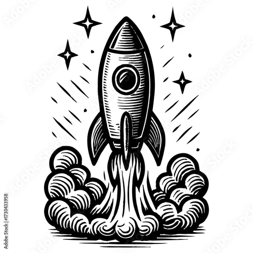 A black and white drawing of a rocket launching into space. The rocket is the main focus of the image. Vector. Silhouette illustration.