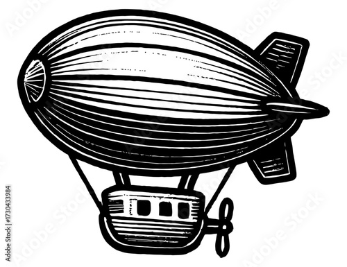 A black and white drawing of a hot air balloon with a propeller. The balloon is large and has a white stripe. Vector. Silhouette illustration.