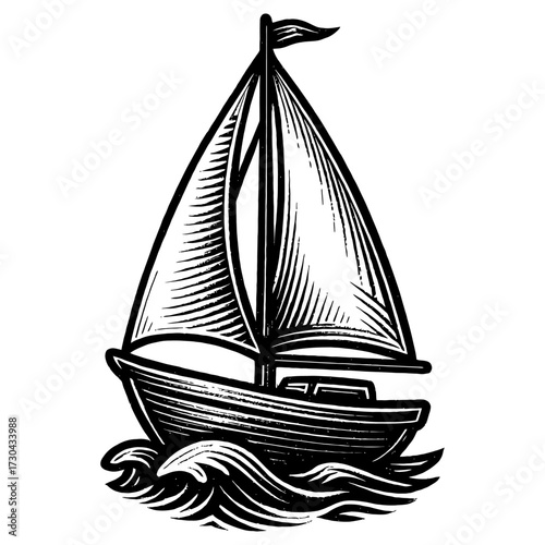 A black and white drawing of a sailboat on the water. The boat is small and has a white flag on top of it. Vector. Silhouette illustration.