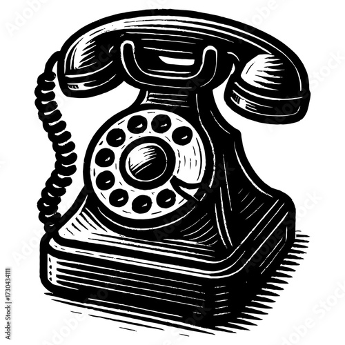 A black and white picture of a rotary phone. The phone is sitting on a white background. Vector. Silhouette illustration.