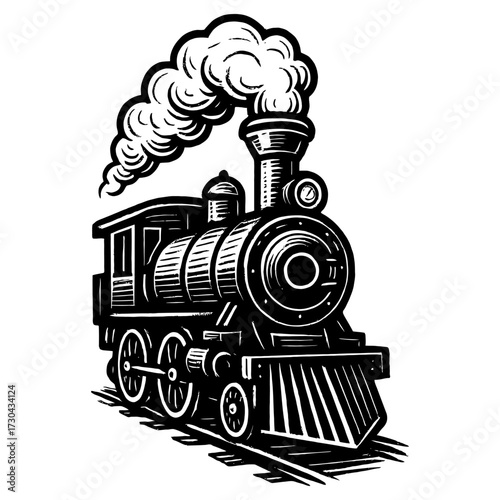 A black and white train with steam coming out of the top. The train is on a track and is the main focus of the image. Vector. Silhouette illustration.