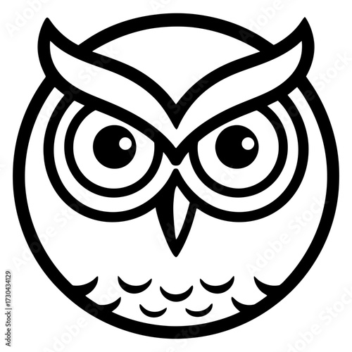 A black and white owl with big eyes. The owl is looking at the camera. The owl is the main focus of the image. Vector. Silhouette illustration.