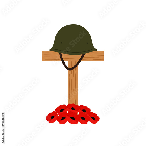Remembrance Day Military Memorial Helmet Cross and Poppies.