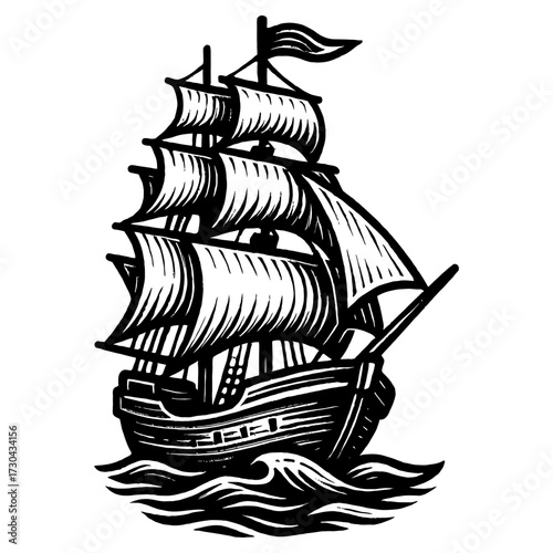 A large ship sails in the ocean with a flag on the mast. The ship is black and white and has a vintage feel to it. Vector. Silhouette illustration.
