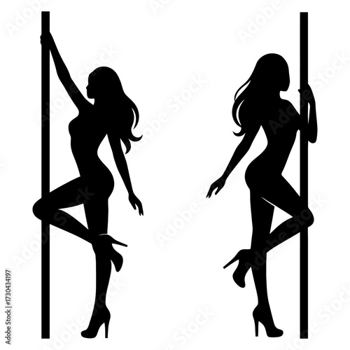 Two women are standing on poles, one of them is wearing high heels. The image has a seductive and sensual mood. Vector. Silhouette illustration.