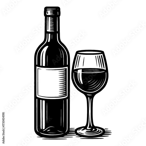A bottle of wine and a wine glass are shown on a white background. The bottle is full and the glass is half full. Vector. Silhouette illustration.