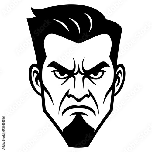 A man with a black beard and a black hat with a frowning face. The man is angry and has a menacing look on his face. Vector. Silhouette illustration.