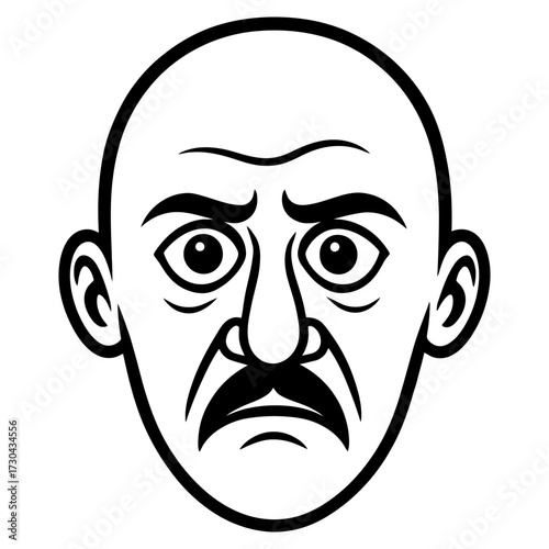 A man with a mustache and a frowning expression. The man's eyes are wide open and his mouth is open. Vector. Silhouette illustration.