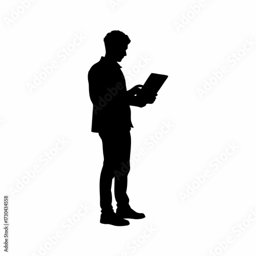 Administrator silhouette reviewing network diagrams on tablet isolated on white background