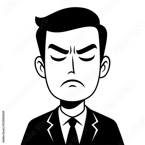 A man in a suit is wearing a tie and looking angry. He is frowning and his eyes are closed. Vector. Silhouette illustration.