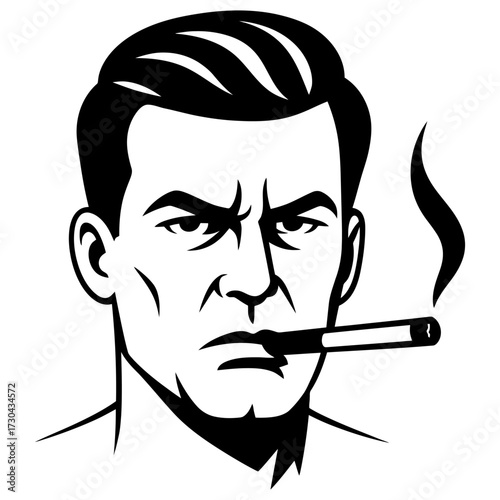 A man is smoking a cigarette and looking angry. Concept of defiance and frustration. Vector. Silhouette illustration.