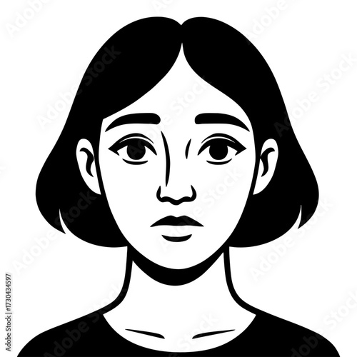 A woman with a sad expression on her face. She has short hair and is wearing a black shirt. Vector. Silhouette illustration.
