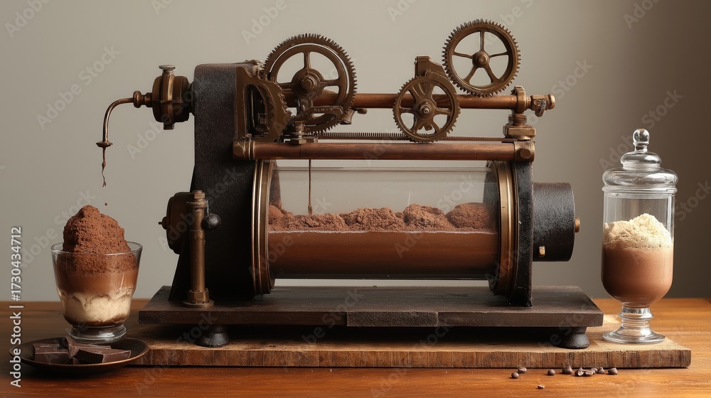 Fototapeta premium Steampunk-inspired dessert machine serving chocolate mousse