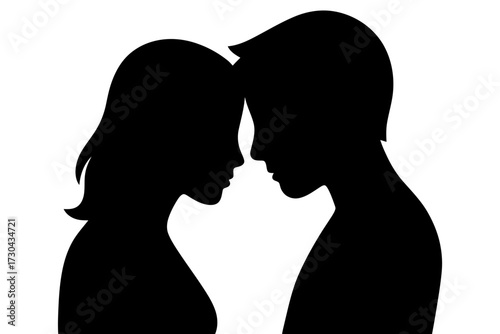 A couple of silhouettes of a man and a woman are hugging each other. Scene is romantic and intimate. Vector. Silhouette illustration.