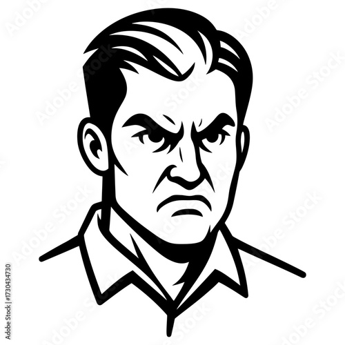 A man with a scowl on his face. He looks angry and is wearing a shirt. The man is the main focus of the image. Vector. Silhouette illustration.