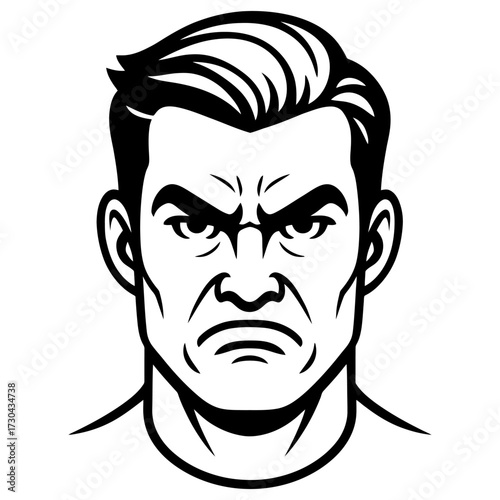 A man with a scowl on his face. The man is angry and has a menacing look on his face. Vector. Silhouette illustration.