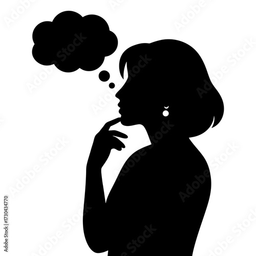 A woman is thinking about something. She is looking down at her hands. The image is black and white. Vector. Silhouette illustration.