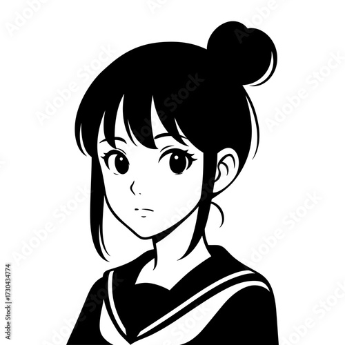 A girl with a bun on her head. She has a serious expression on her face. The image is black and white. Vector. Silhouette illustration.