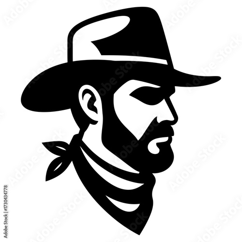 A cowboy hat is worn by a man with a bandana around his neck. The man has a beard and a mustache. Vector. Silhouette illustration.