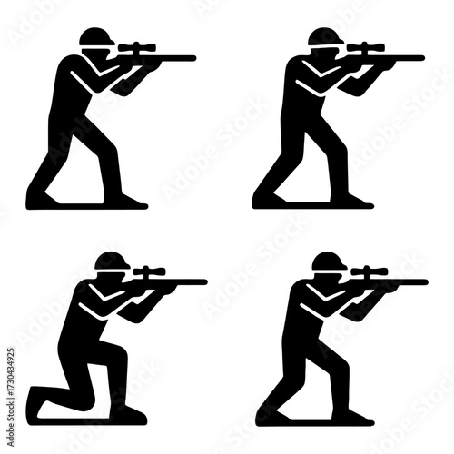 Four soldiers are shown in different positions, all holding guns and looking in different directions. Vector. Silhouette illustration.