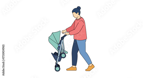 Stylized vector illustration of a woman walking with a baby stroller in a simple outlined design for minimalistic visual content
