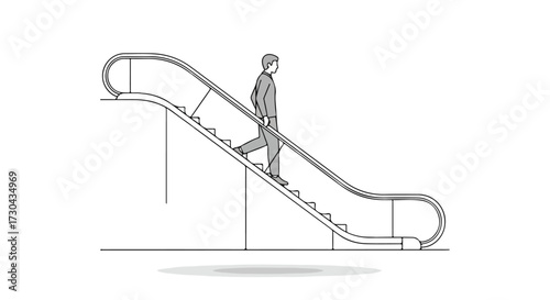 Stylized illustration showcases a person descending an escalator in a minimalist line drawing with subtle shading depicting modern mobility concept