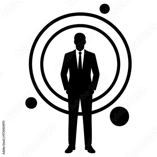 A man in a suit stands in the center of a circle. Concept of importance and authority. Vector. Silhouette illustration.