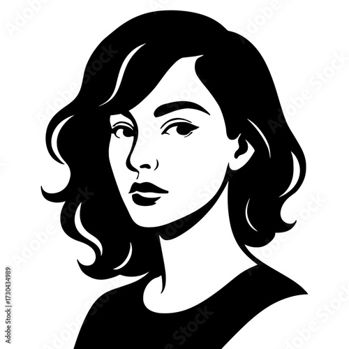 A woman with long hair is depicted in a black and white drawing. The drawing is a headshot of the woman. Vector. Silhouette illustration.