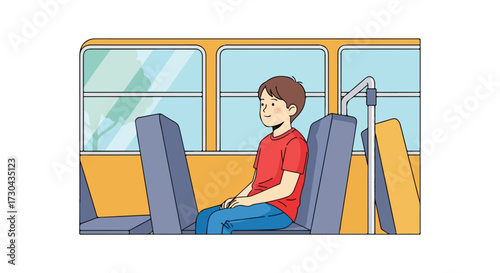 Cartoon illustration of a boy passenger seated in a bus, enjoying the journey with a relaxed and serene expression while traveling on a public vehicle