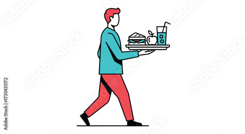 Stylized waiter carrying a tray with meal, vector illustration in minimal design, perfect for restaurant or food service related themes