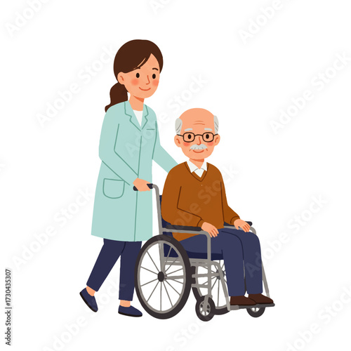 Young Caregiver Assisting Senior Man in Wheelchair.