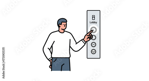 Illustration depicting a person pressing the elevator button to return to the lobby level for arrival at the bottom floor