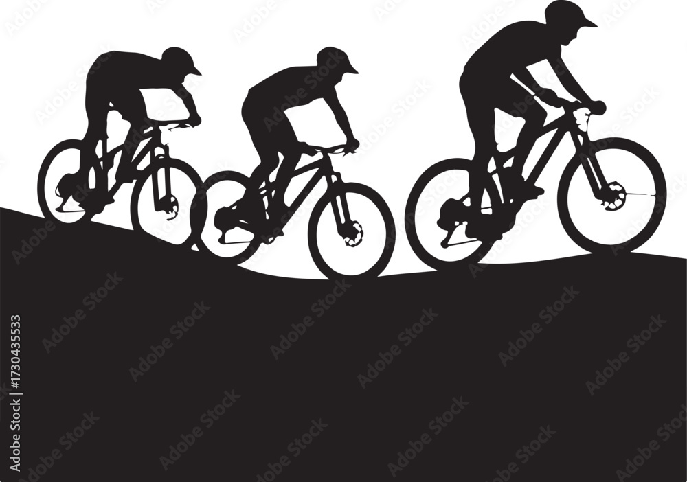 Fototapeta premium Cyclists race downhill in dynamic silhouette action