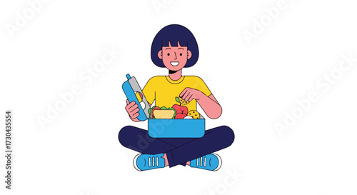 Animated student enjoys a healthy school lunch, promoting nutritious eating habits for children and a balanced lifestyle for students at school