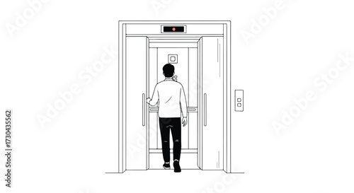 Monochrome depiction of a person entering an elevator with an open door design showcasing urban life