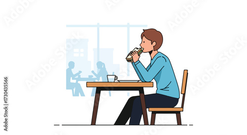 A minimalist illustration of a young man enjoying a sandwich in a bright, modern cafe environment with cityscape