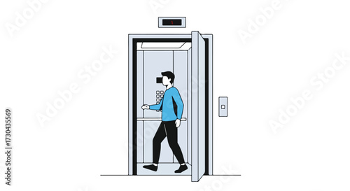 A minimalist illustration of a man stepping out of an elevator, rendered in a modern and clean style, using a limited color palette and bold outlines