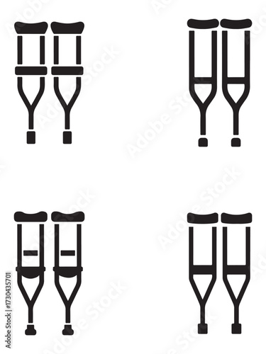 Collection of medical crutches silhouette isolated on white background