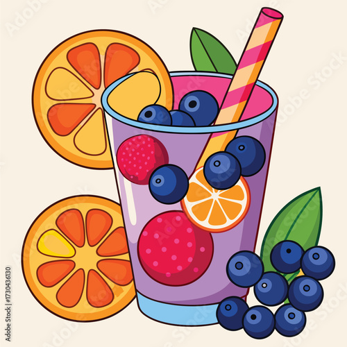 Refreshing summer drink features blueberries, strawberries, and orange slices with a vibrant straw