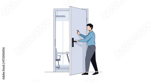 Entering a Private Office: A Focused Individual Opening the Door to a Modern Workspace Filled with Light and Potential