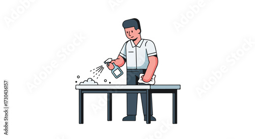 Illustration depicting a man cleaning a surface using a spray bottle and cloth in a simplified and cartoonish style