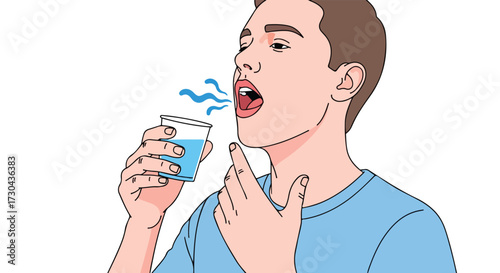 Illustration showcasing a man gargling with liquid, possibly for throat soothing or hygiene showing wellness concept