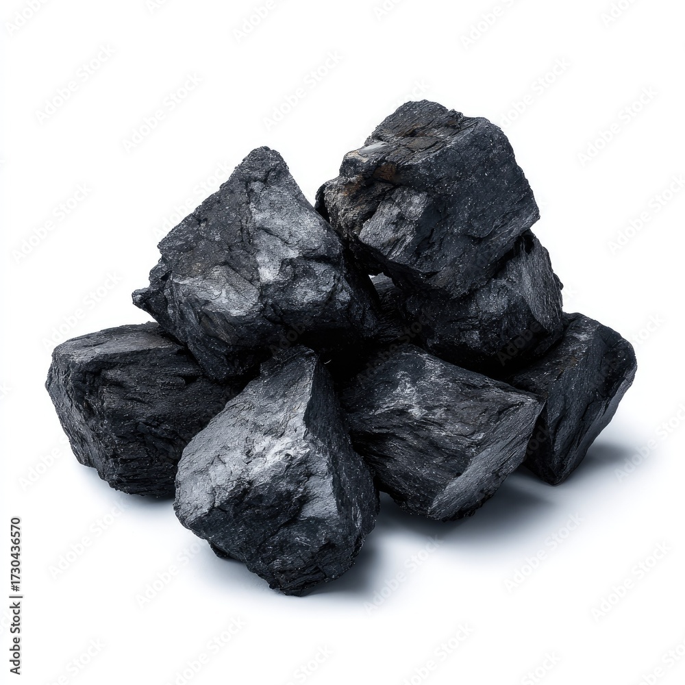 Obraz premium Pile of coal chunks isolated on white background for energy resource concepts