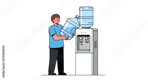 Illustration of a man changing a water bottle on a water dispenser, emphasizing hydration and workplace resources availability