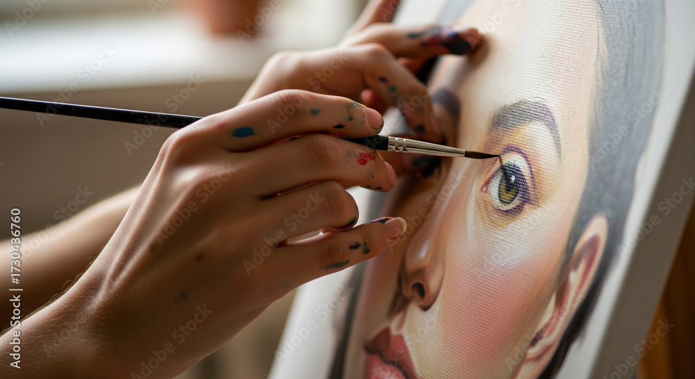 Obraz premium Artist's Hands Painting a Detailed Eye on a Canvas Portrait A tight, horizontal close-up shot showing an artist's hands actively working on a canvas, painting the detail of a realistic eye and eyebro 