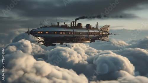 A magnificent steampunk airship glides serenely above billowing clouds, a breathtaking vision of futuristic travel.